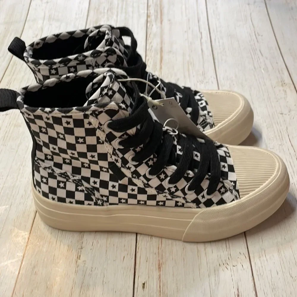 Zara Kids Checkerboard High Top Sneakers Star Print Canvas Size 2.5